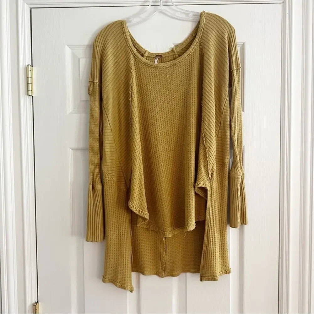 Free People Mustard Yellow Ventura Thermal Top MEDIUM Waffle Knit Long Sleeve